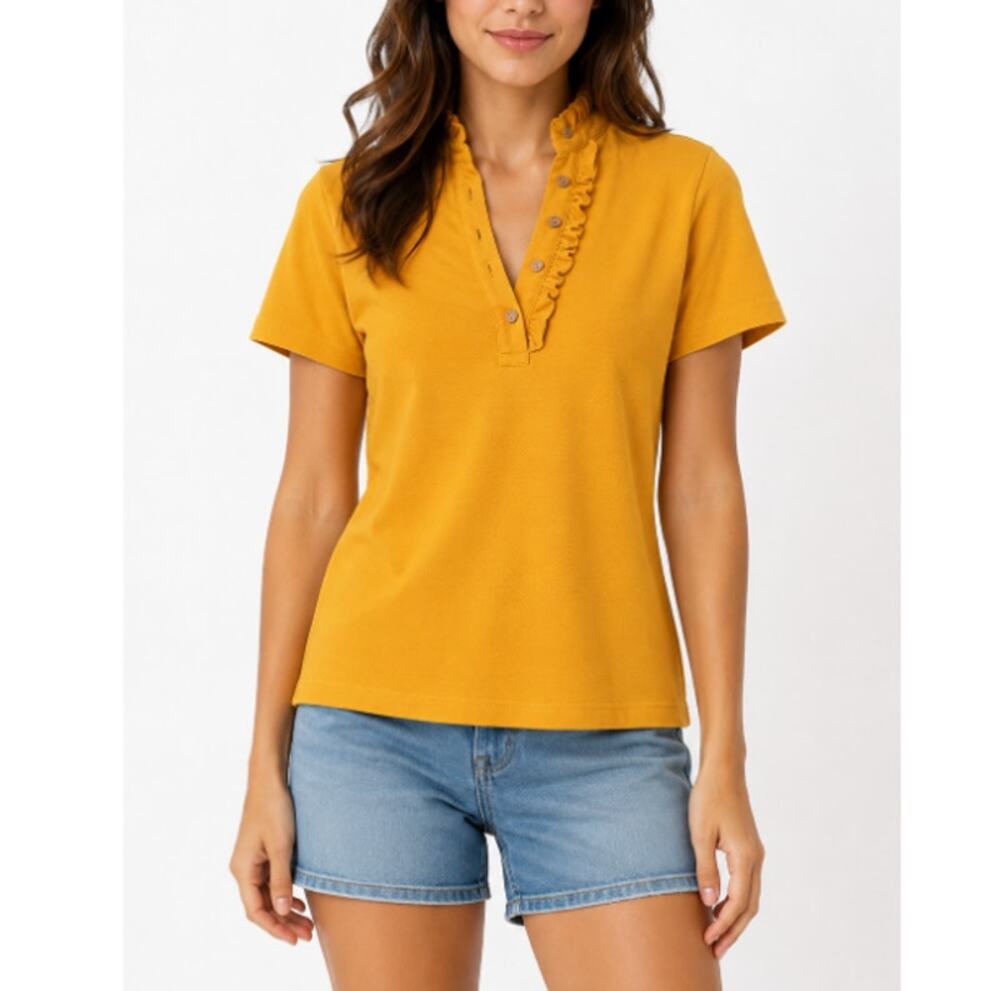 Tory Burch Women's Mustard Ruffle Trim Short Sleeve Knit Top Size S